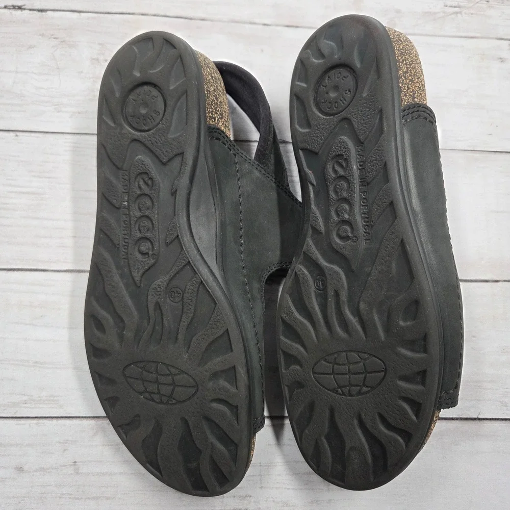 ECCO Cozmo Slide Sandal Women 40 Black Nubuck Leather Adjustable Straps Cork